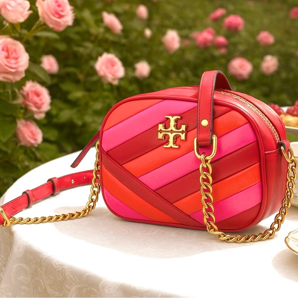 Tory Burch Pink and Red Quilted Crossbody Bag with Gold Chain 🤩